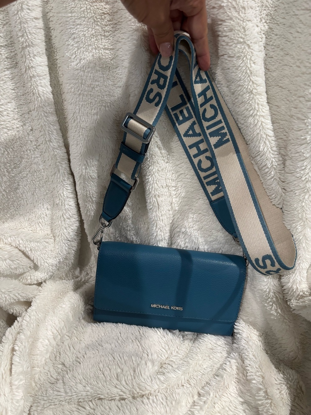 Michael Kors BlueLeather Crossbody with Branded Canvas Strap